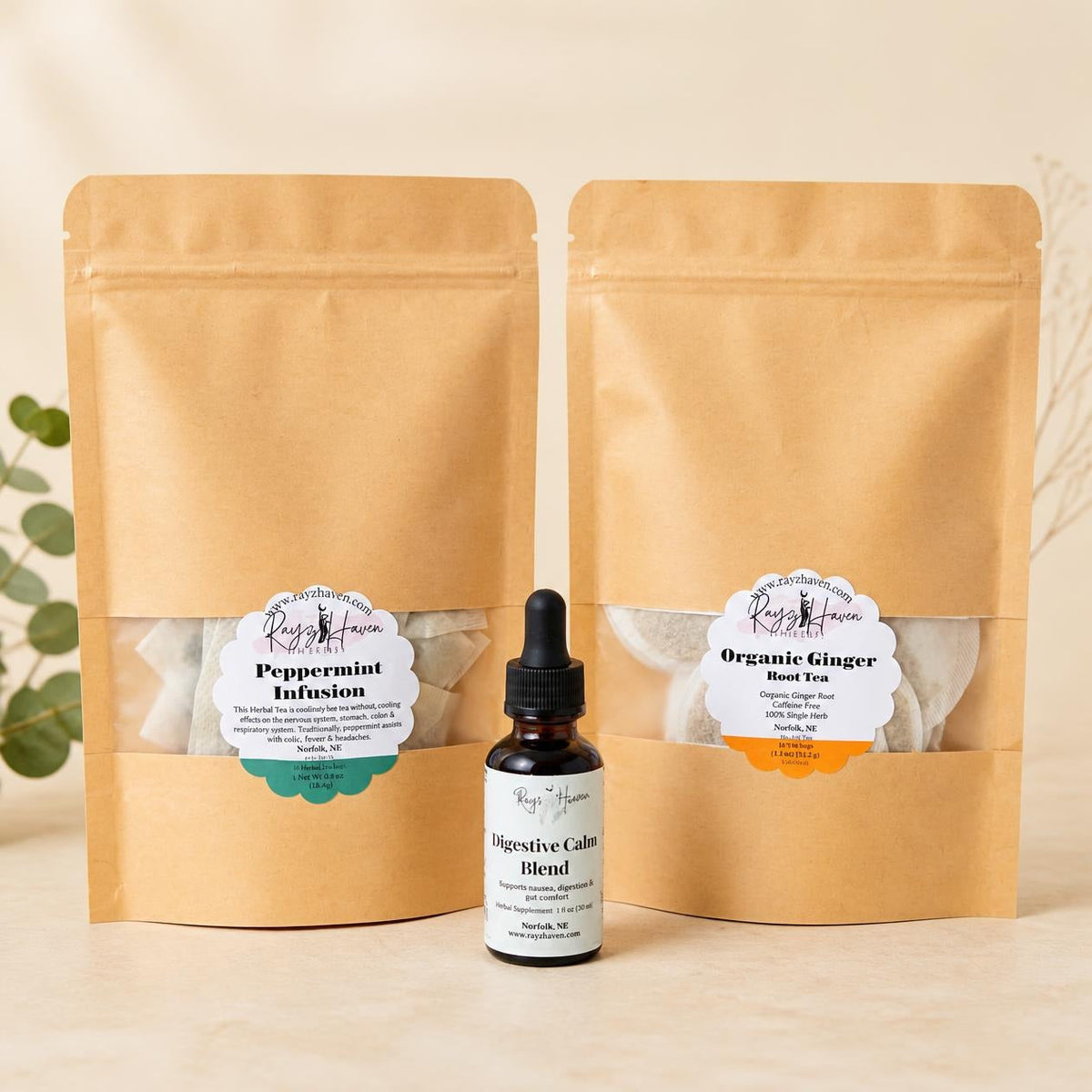 Herbal digestive bundle featuring Organic Ginger Root tea, Peppermint Infusion tea, and Digestive Calm Blend by Rayz Haven Herbal Products.