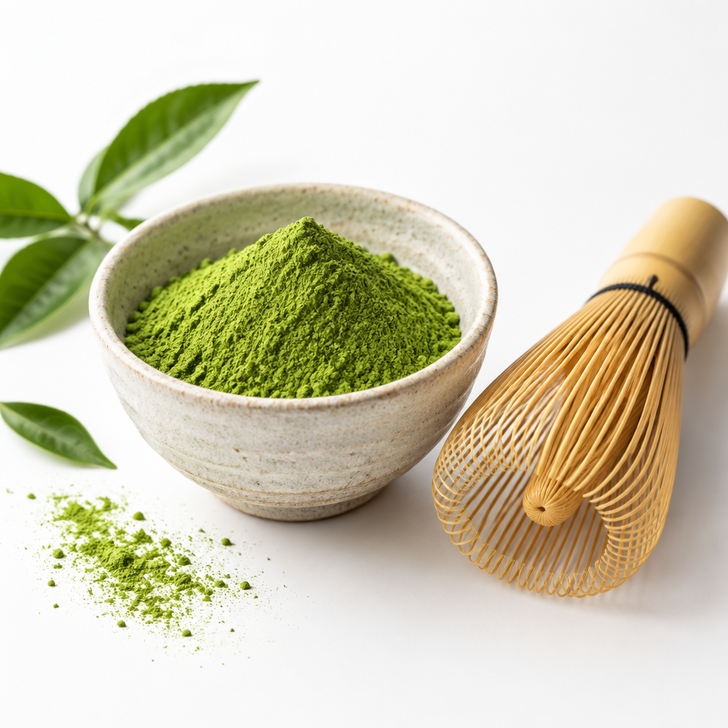 Organic matcha green tea powder in a bowl with a bamboo whisk, prepared for a traditional matcha tea ritual