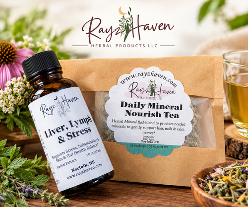 Daily Nourish & Herbal Balance Bundle by Rayz Haven — two packages of Daily Mineral Rich Tea (14 bags each) and a 1 oz Liver, Lymph & Stress Tincture for an everyday herbal routine
