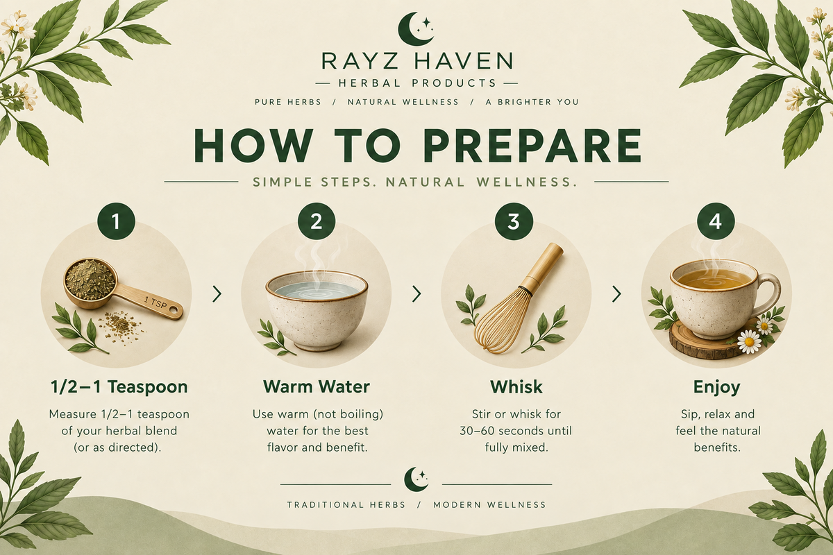 An illustrated how-to poster for preparing herbal tea from Rayz Haven Herbal Products, showing four numbered steps with icons and small photos of a spoon, bowl, whisk, and cup on a cream background with botanical borders.