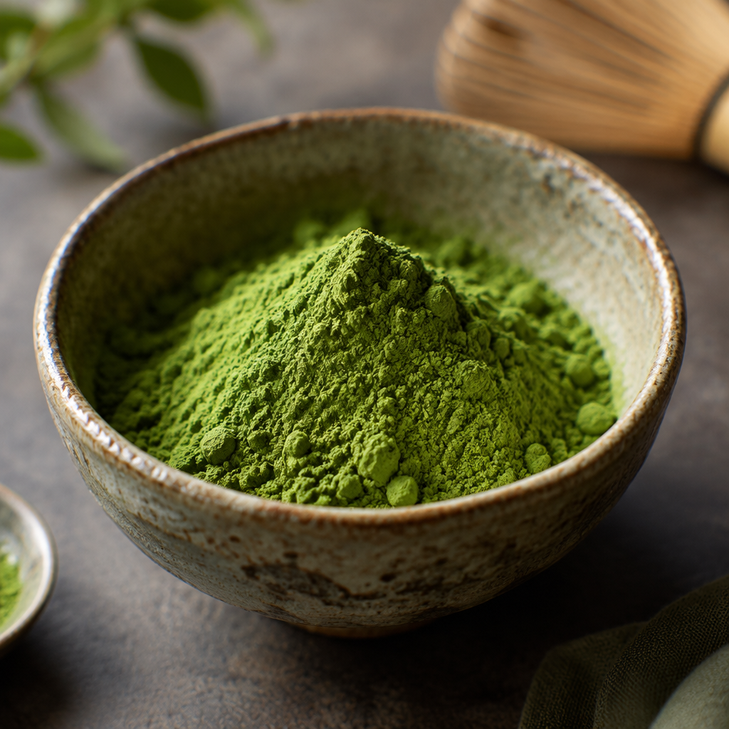 A close-up of bright green matcha powder piled in a rustic ceramic bowl, with soft-focus leaves and a whisk in the background.