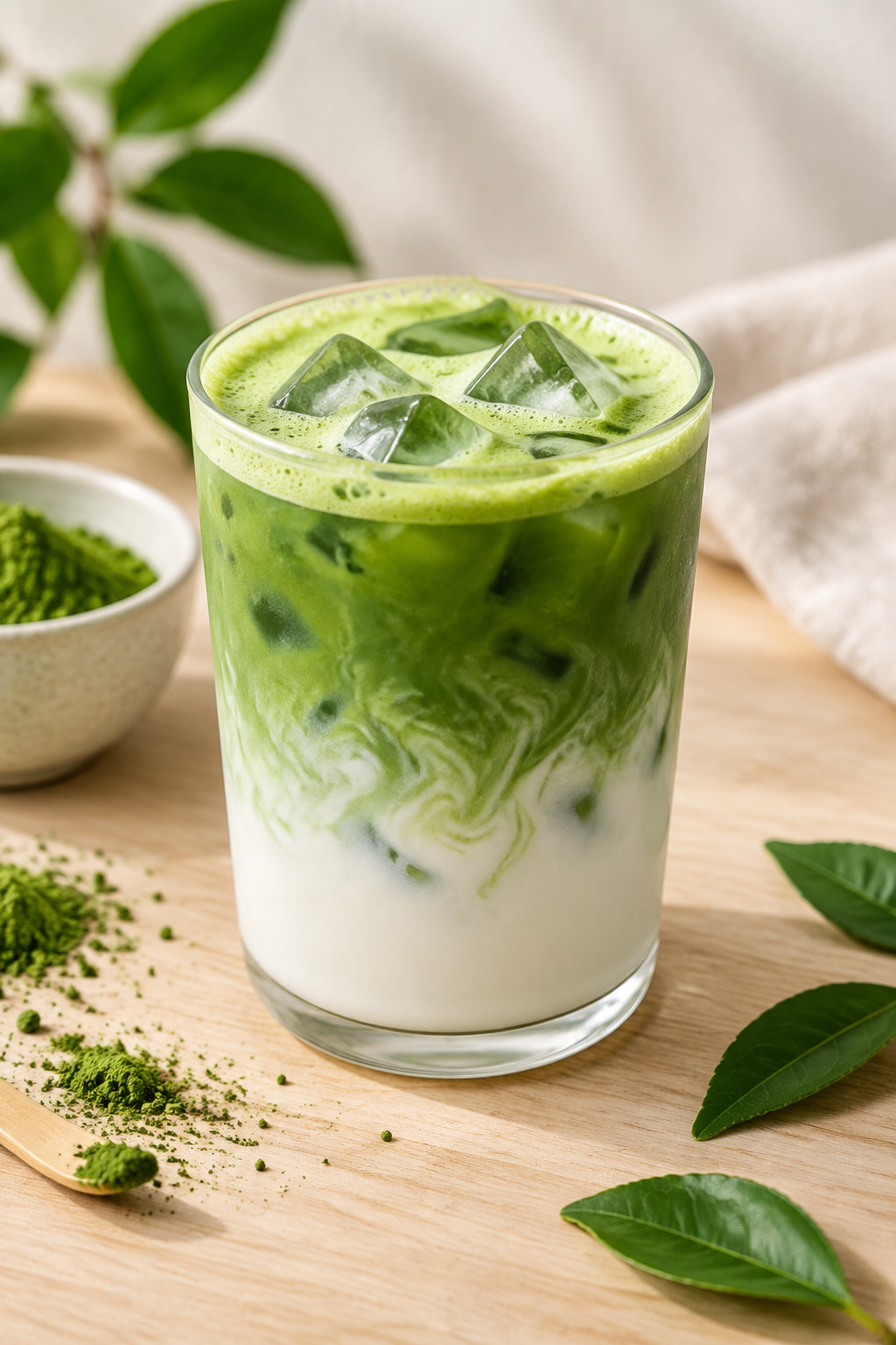 A glass of iced matcha latte with green swirls and ice cubes, set on a wooden surface with matcha powder, leaves, and a small bowl in the background.