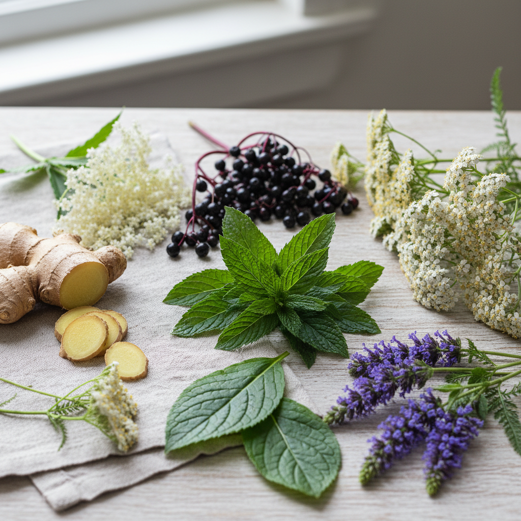 Peppermint, Elderflower, Elderberries, ginger root, yarrow, hyssop and plantain herbs