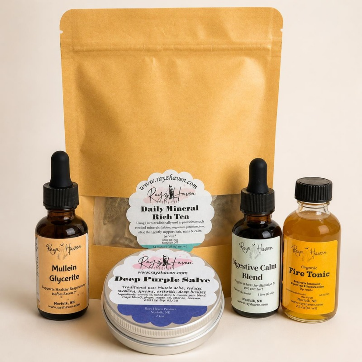 Rayz Haven Herbal Cabinet Bundle featuring Mineral Rich Tea, Deep Purple Salve, mullein glycerite, digestive herbal blend, and Fire Tonic, regularly $99.95, now $89.