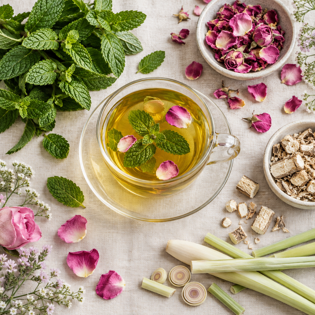 Refreshing & delicious herbal tea spearmint & lemongrass infusion is great for digestion, respiratory, hormones and evening herbal tea